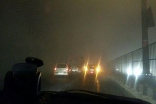 Driving through Delhi's smog in January, 2014.