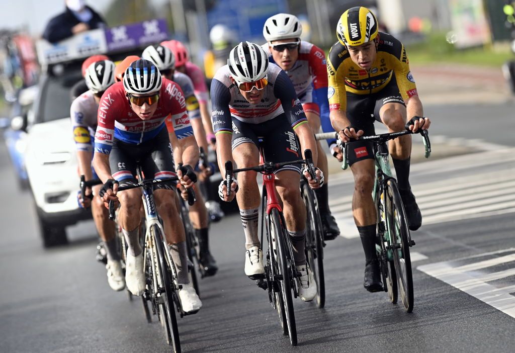 Dutch Mathieu van der Poel of AlpecinFenix German John Degenkolb of Lotto Soudal and Belgian Wout Van Aert of Team JumboVisma pictured during the GentWevelgem In Flanders Fields one day cycling race 2325 km Sunday 11 October 2020 in Wevelgem BELGA PHOTO POOL NICO VEREECKEN Photo by POOL NICO VEREECKENBELGA MAGAFP via Getty Images