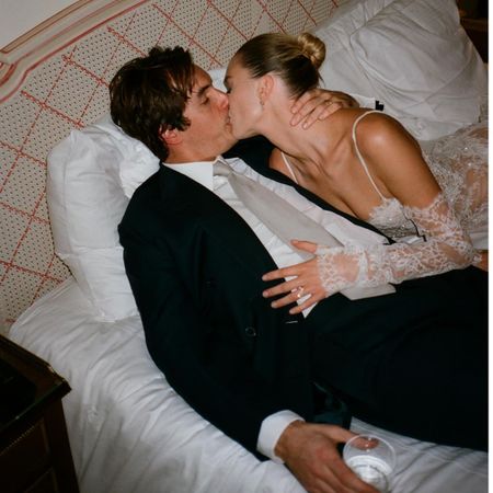 An image of @camillecharriere wearing one of the key bridal accessory trends of 2026.