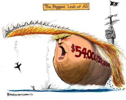 Political Cartoon U.S. President Trump biggest leak military spending