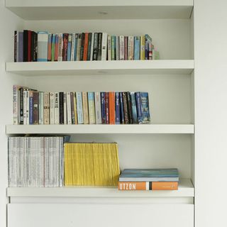 white book shelf on white wall and books