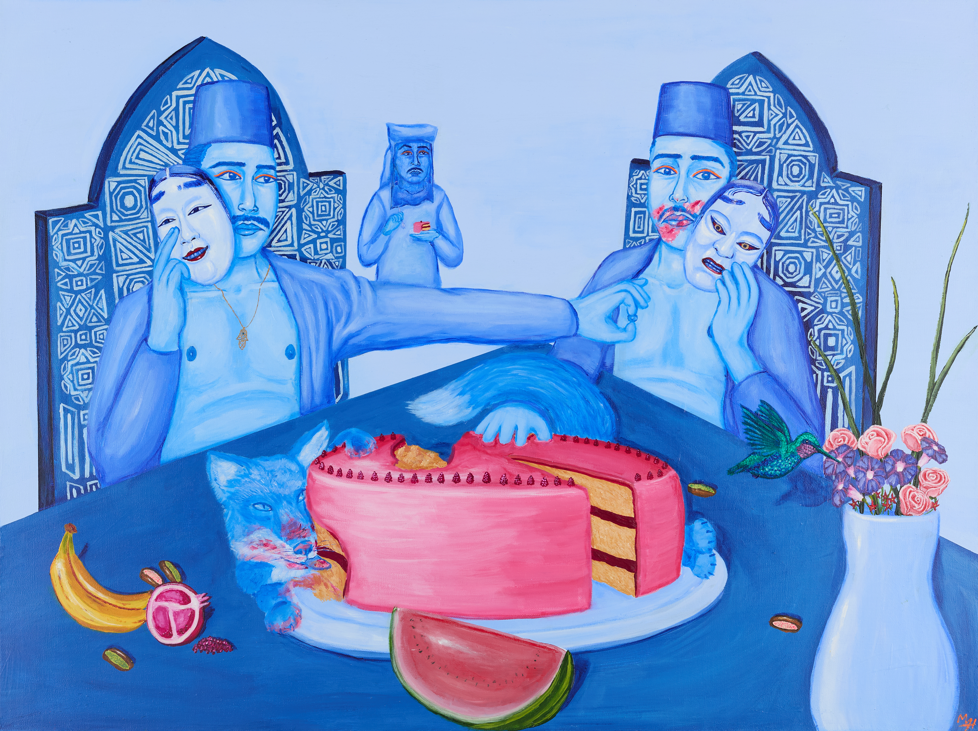 painting of people at table, holding masks and eating cake