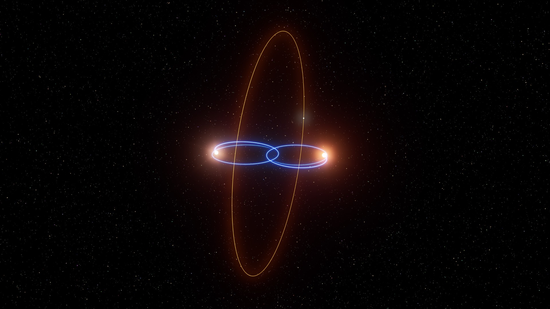 a red ring perpendicular to two blue rings, with the blackness of space behind the three