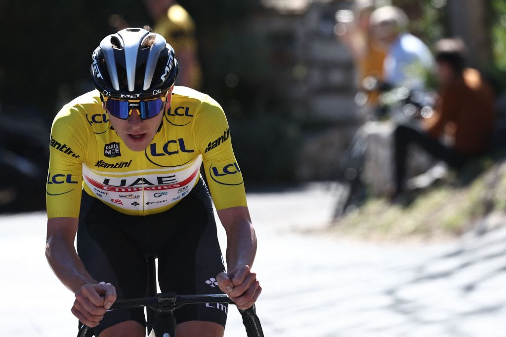 UAE Team Emirates Slovenian rider Tadej Pogacar wearing the overall leaders yellow jersey cycles in a solo leading breakaway during the 8th and final stage of the 81st Paris Nice cycling race 1175 km between Nice and Nice southeastern France on March 12 2023 Photo by AnneChristine POUJOULAT AFP Photo by ANNECHRISTINE POUJOULATAFP via Getty Images