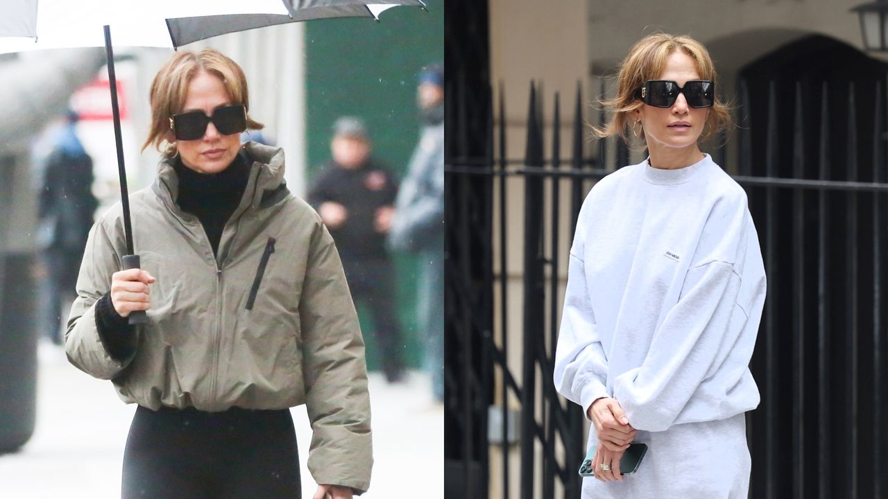 A split lede of Jennifer Lopez in two athleisure outfits in New York City