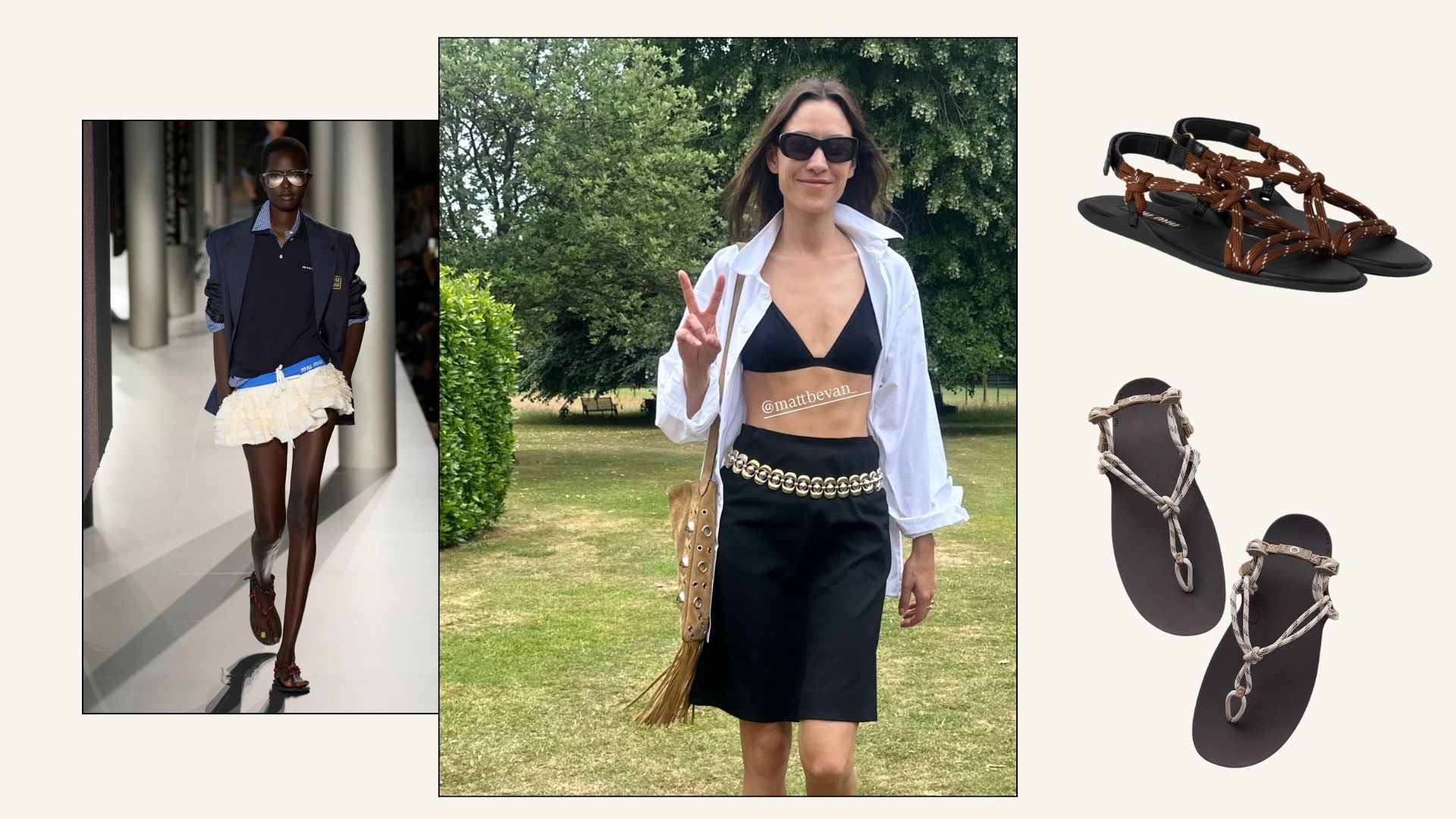 Model and Alexa Chung wear Miu Miu brown rope sandals.