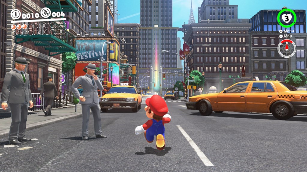 A screenshot from super mario odyssey, showing Mario running through New Donk City