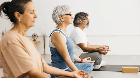 Three senior people meditate in a yoga class. 