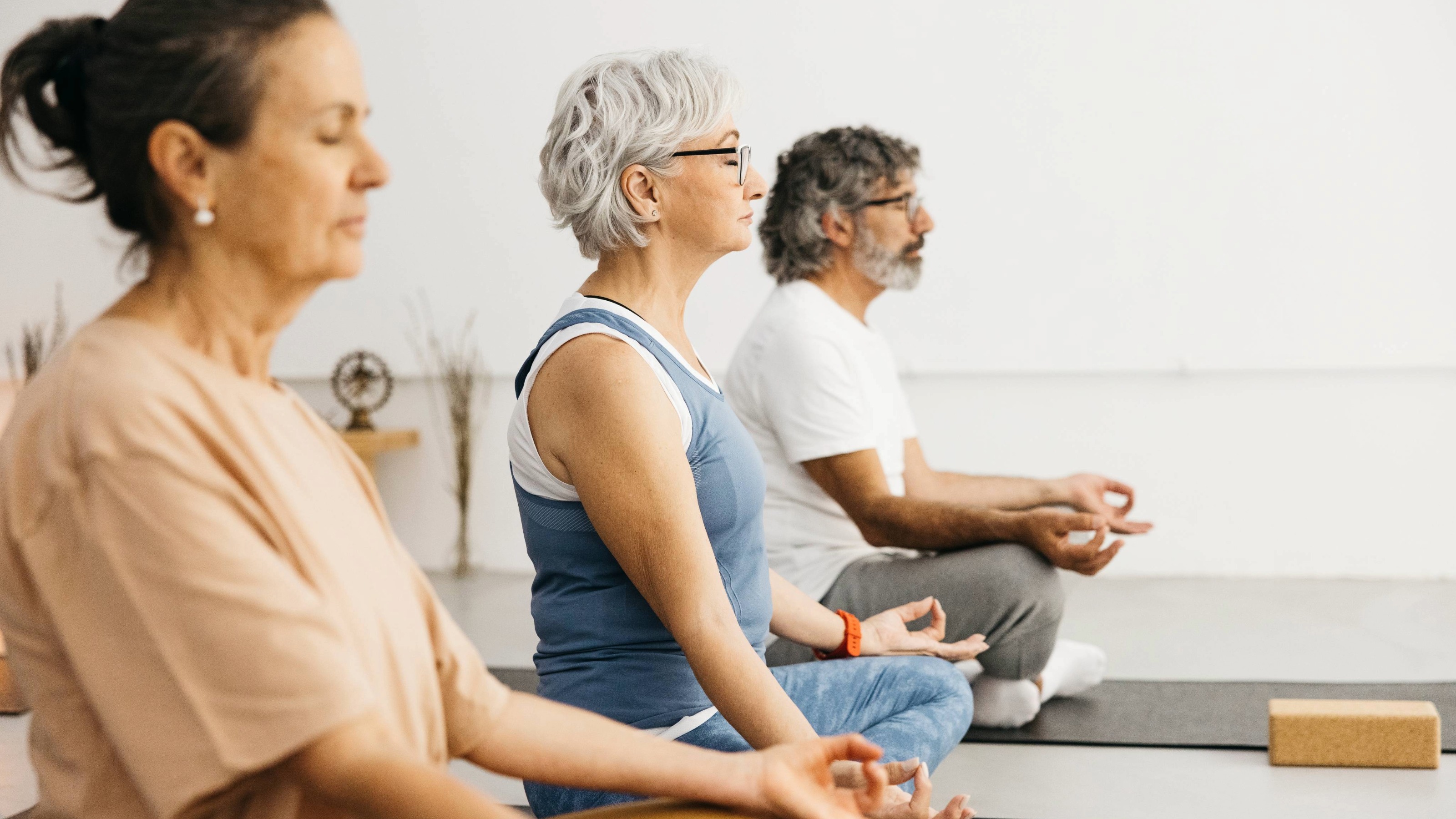 Three senior people meditate in a yoga class.