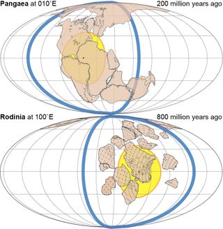 Why orthoversion? According to previous complete supercontinent transitions a succeeding supercontinent forms 90° away, within the great-circle of subduction (blue) encircling its relict predecessor (yellow). Absolute reconstructions including palaeolongitude can be made for the past two supercontinents, Pangaea at 200 million years ago (top) and Rodinia at 800 million years ago (bottom). An implication of the orthoversion model is that the mantle upwelling beneath Pangaea (yellow) is not a permanent, but cyclic feature of Earth's deep interior.