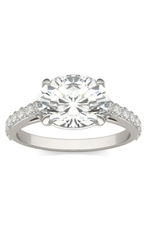 3.01 CTW DEW Elongated Oval Forever One Moissanite Cathedral East-West Solitaire with Side Accents Ring 14K White Gold