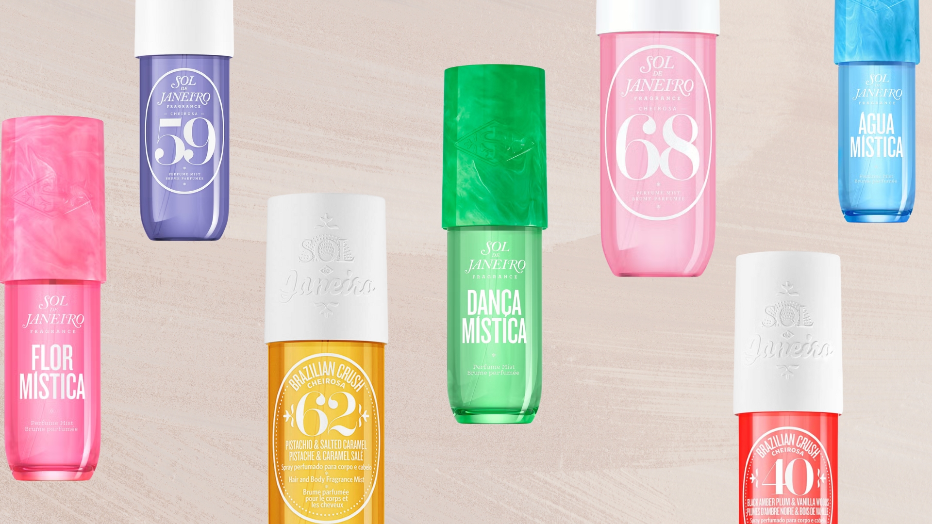 Collage of the best Sol de Janeiro scents, including Flor Mistica, No 59, No 69, Danca Mistic, No 68, No 40 and Agua Mistica, on a beige background