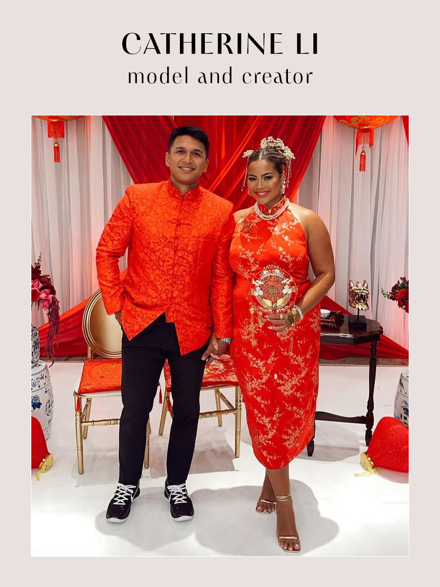 Catherine Li and her partner wearing traditional wedding attire.