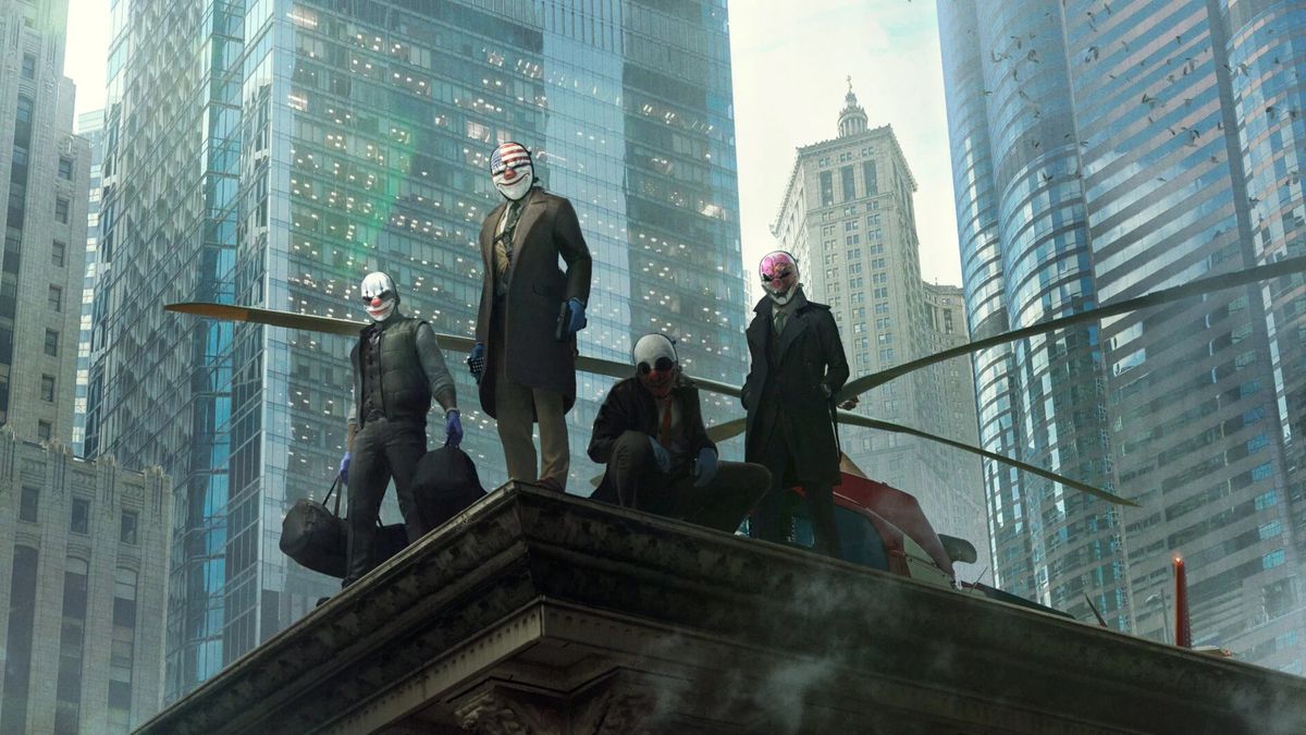 Payday 3&#039;s criminal protagonists stand on a rooftop overlooking a city.