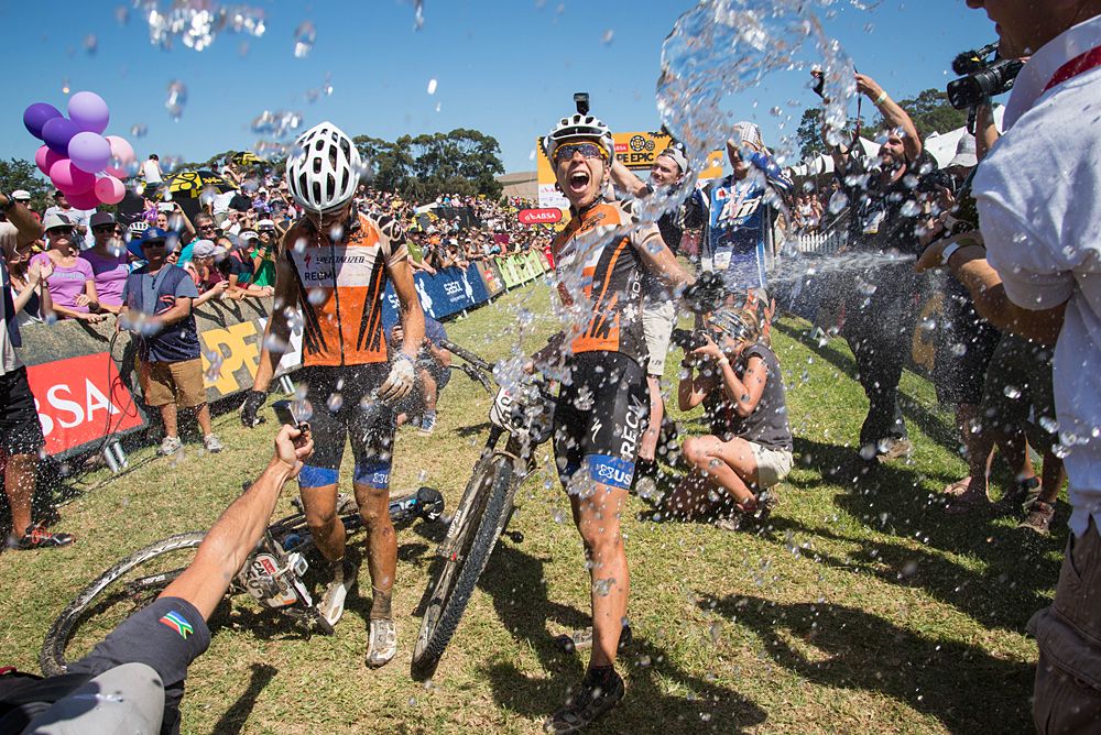 Ariane Kleinhans and Annika Langvad celebrate winning the women's overall title