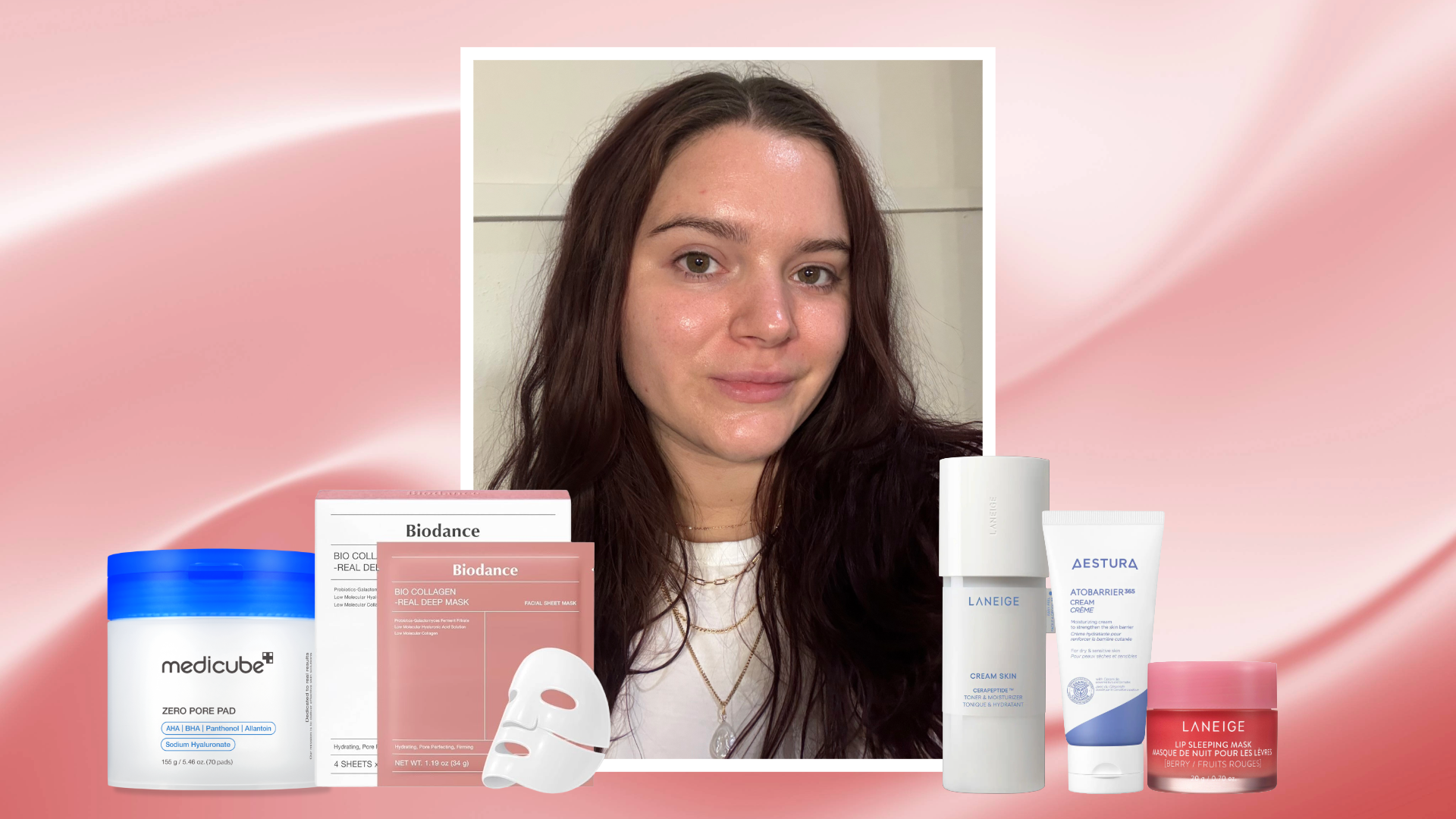 Brooke knappenberger headshot with white border on light pink texture background with medicubeZero Pore Pads 2.0, LANEIGE Lip Sleeping Mask, BIODANCE Bio-Collagen Real Deep Masks, LANEIGE Cream Skin Toner &amp; Moisturizer, Aestura Atobarrier365 Cream With Ceramides
