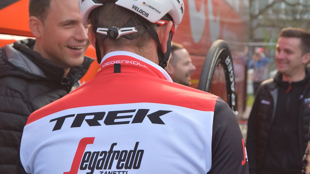 Trek-Segafredo riders have their names on their collars for ease of identification