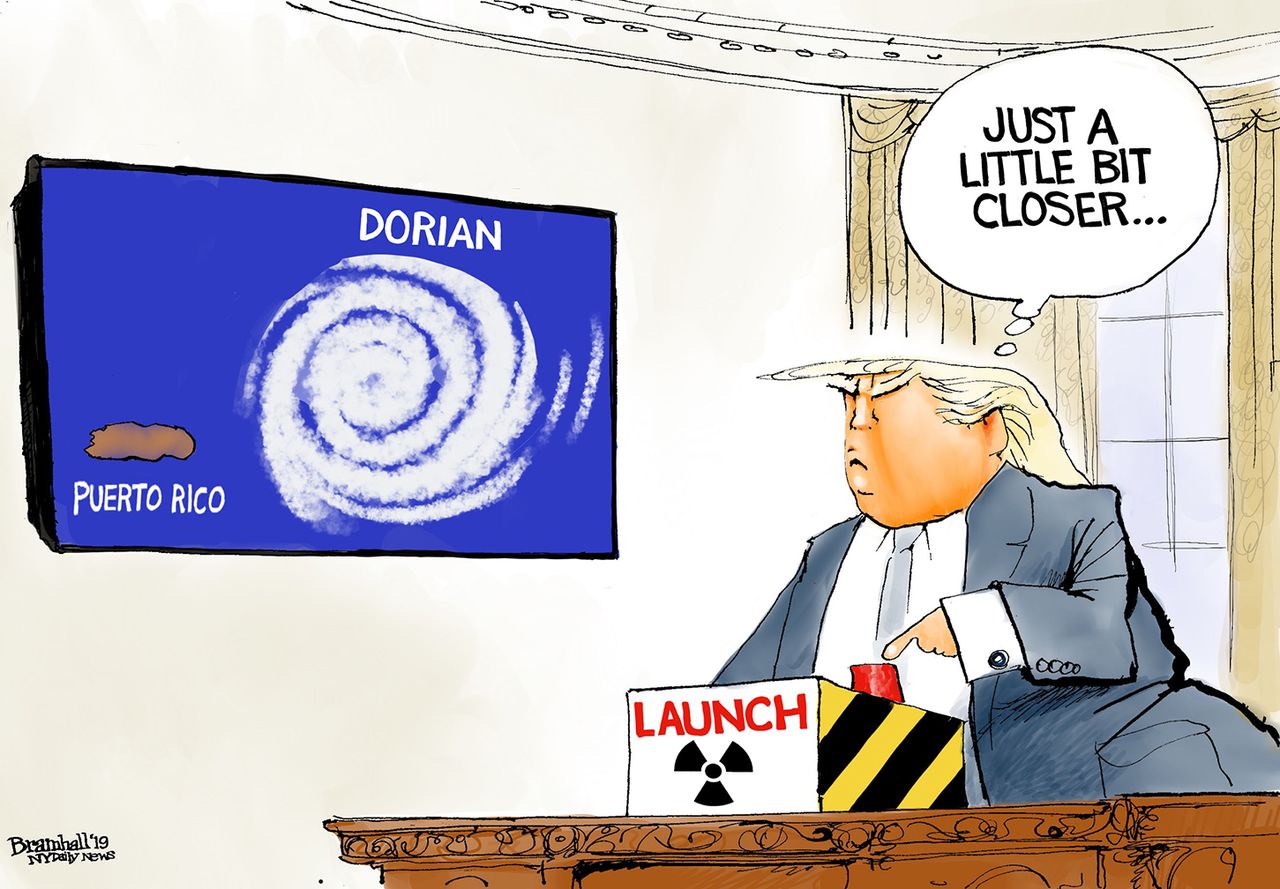 Political Cartoon Trump Nukes Hurricane Dorian Puerto Rico