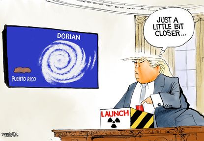 Political Cartoon Trump Nukes Hurricane Dorian Puerto Rico
