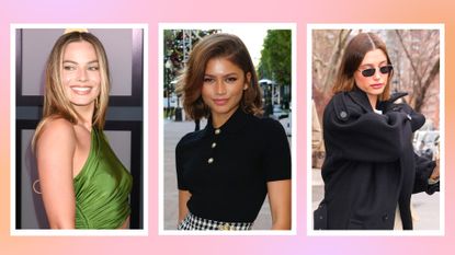 Hair trends 2023: pictured, Margot Robbie with blonde hair and wearing a green dress, next to an image of Zendaya with a bob hairstyle and side fringe and Hailey Bieber walking in NYC with a bob hairstyle/ in a pink, orange and lilac template