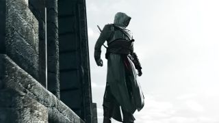 A screen shot of an assassin standing on a ledge in Assassin's Creed