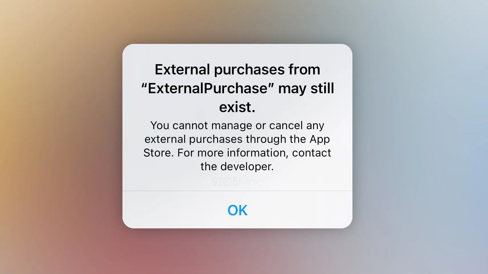 Formulaire d'avertissement iOS 15.5 indiquant aux utilisateurs qu'ils ne peuvent pas gérer les achats d'une application spécifique via l'App Store