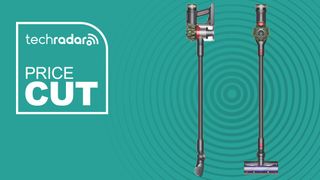 Dyson V8 Cyclone cordless vacuum cleaner in front and side profile on a green TechRadar deals background