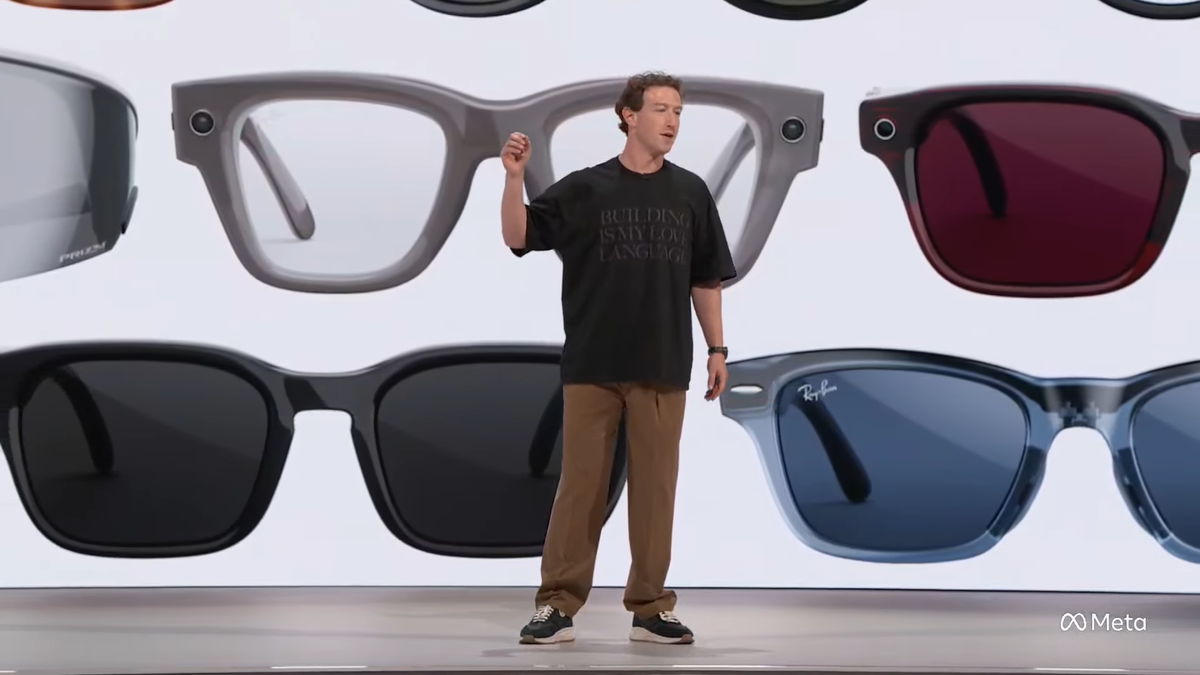 Zuck with glasses styles behind him on stage at Meta Connect 2026