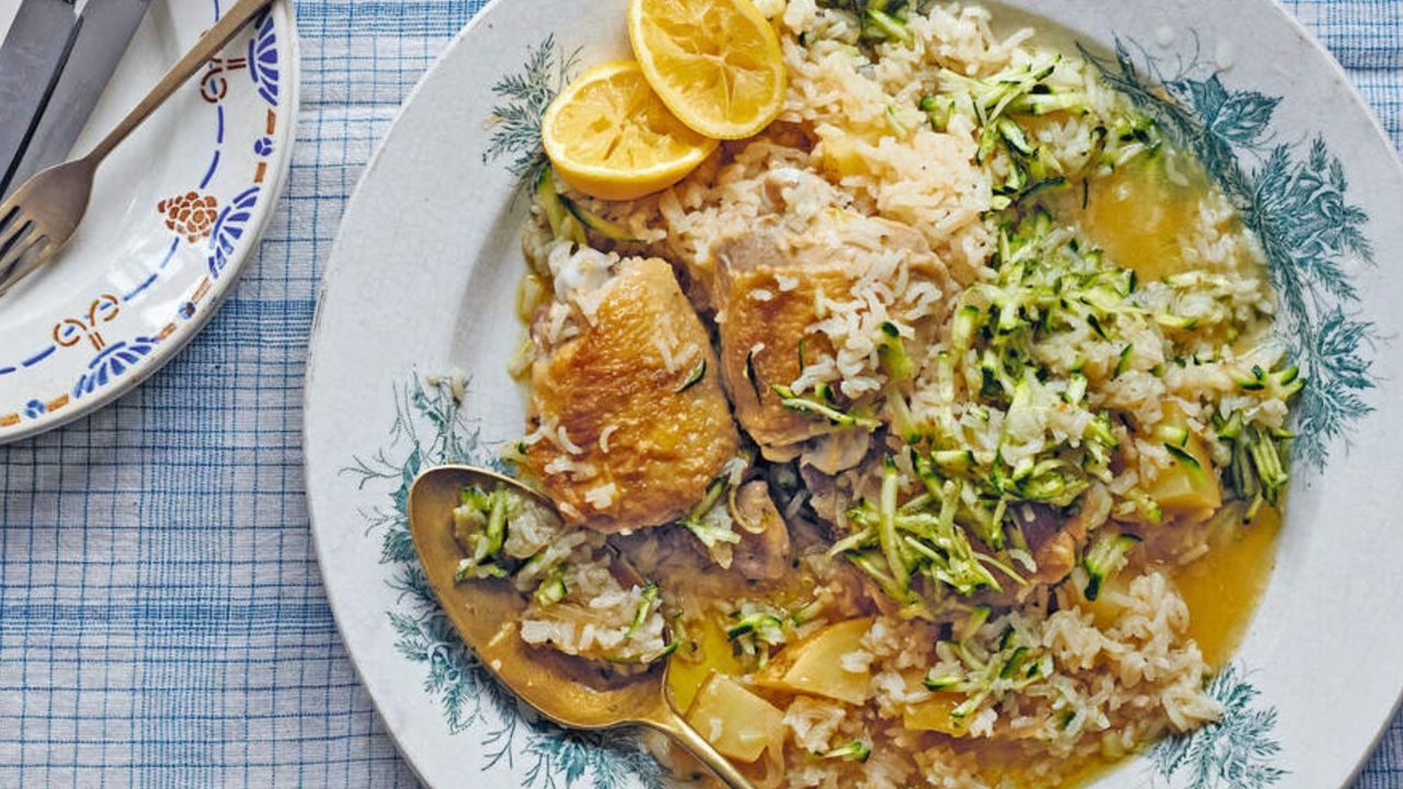 chicken pilaf with potatoes and garlic courgettes