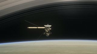 An illustration shows Cassini passing through the rings of Saturn leading the way for future missions to the Saturnian moons.