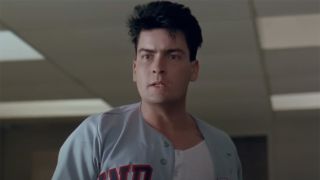 Charlie Sheen in a blue jersey looking wild in Major League trailer.