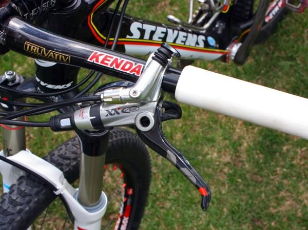 Compton's (Planet Bike-Stevens Bikes-Kenda) brake levers are adjusted far out from the bar.