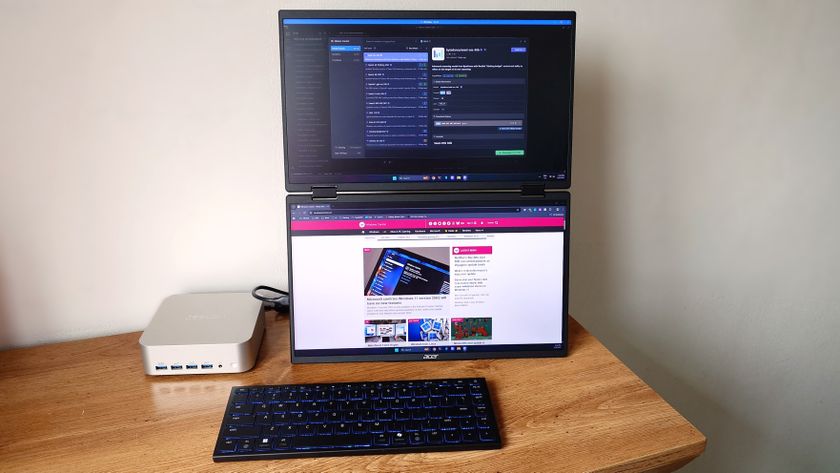 Acer dual screen portable monitor attached to a Geekom A9 Max mini PC and Razer Joro keyboard.