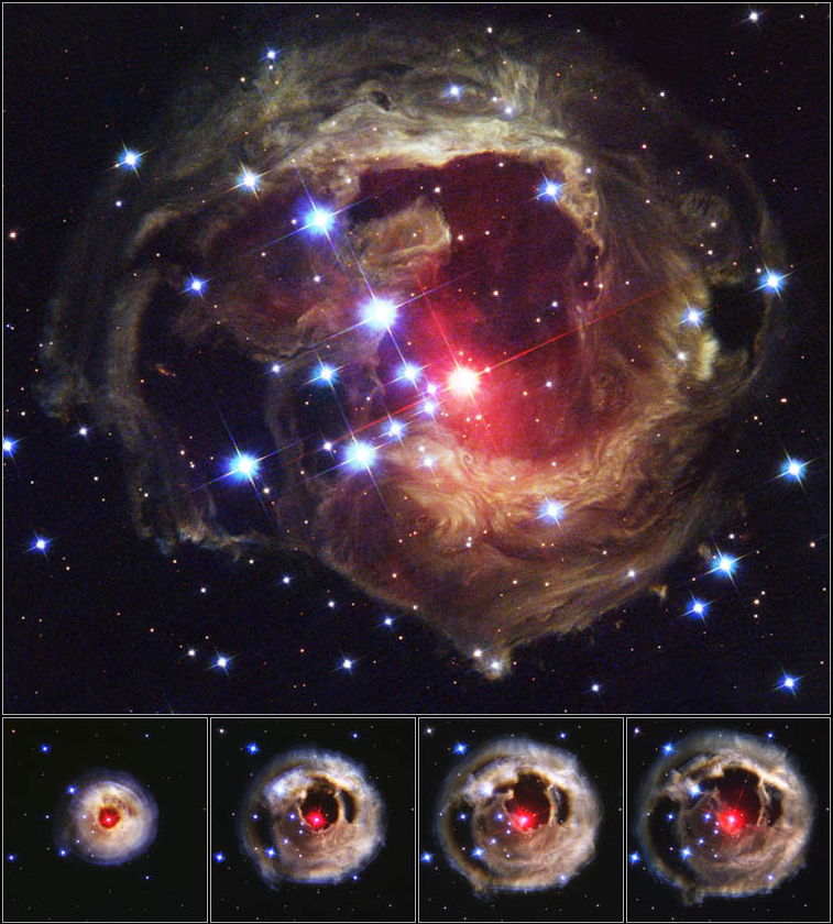 This image shows the spectacular stellar outburst of V838 Monocerotis in 2002. Scientists now suspect the outburst was caused by a so-called common-envelope event, an outburst from two stars sharing a gas shell. Image released Jan. 24, 2013.