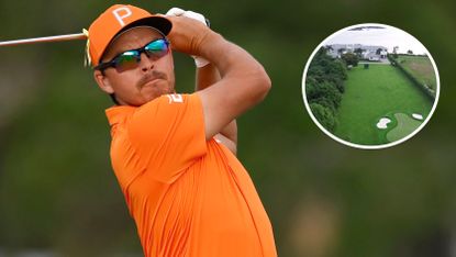 An image of Rickie Fowler taking a shot with an inset of his mansion