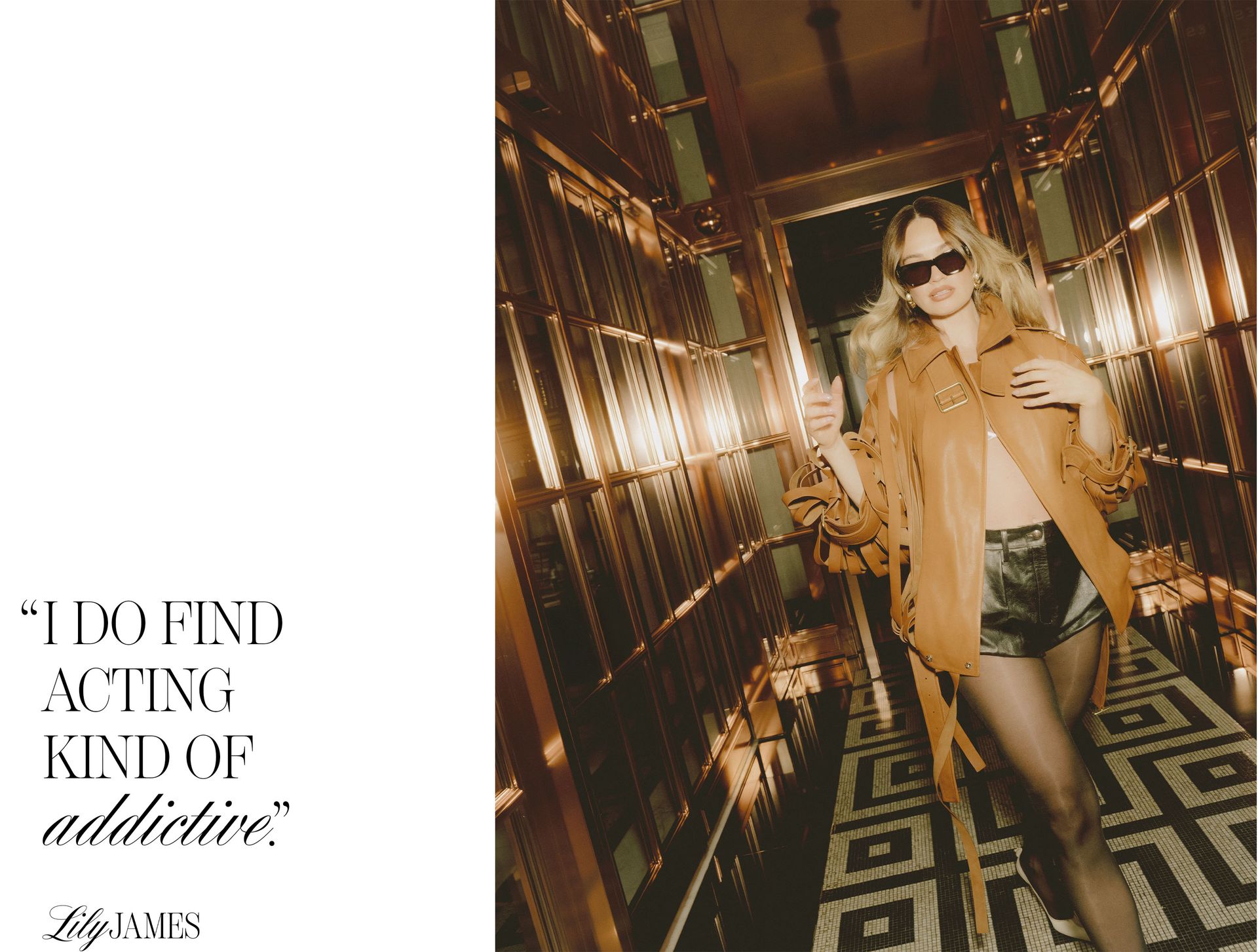 Image of Lily James from Who What Wear's August 2025 cover story. On the left is a pull quote from the article that reads, "I do find acting kind of addictive." On the right is an image of Lily walking through a hotel hallway. She is wearing a brown leather jacket and black leather shorts.