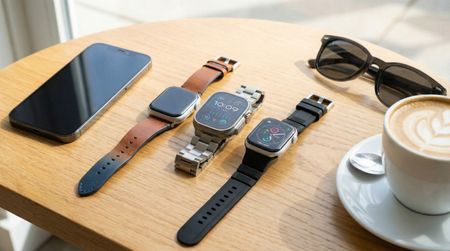 WITHit Apple Watch bands on a table with coffee and an iPhone