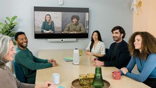 The new Owl Bar in use in a meeting space conducting a videoconference. 