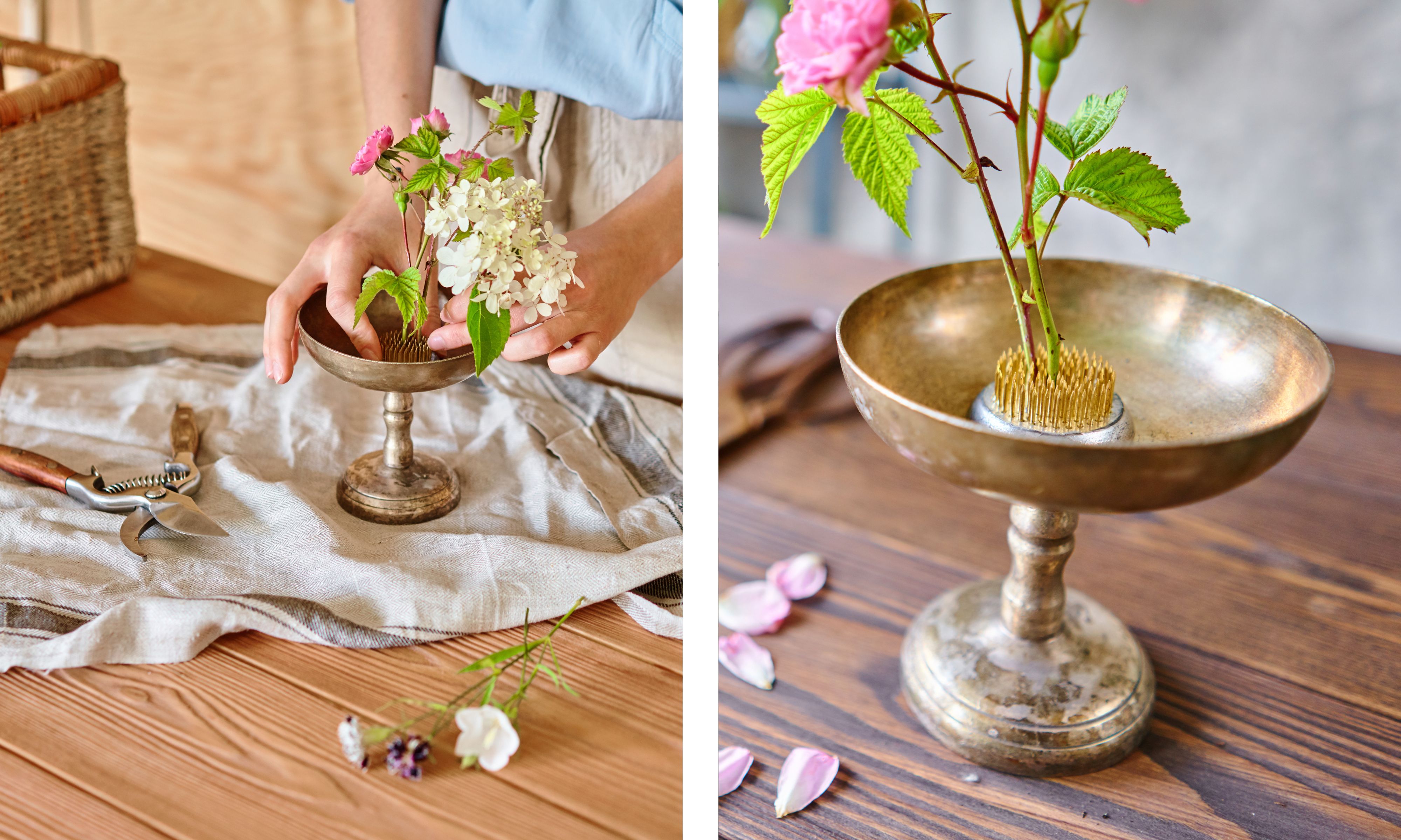Composite image of a floral pin frog or kenzan in an antique brass footed bowl with one rose stem placed in it