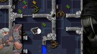 Alien Breed gameplay with art of marine on left and Breed alien on right.