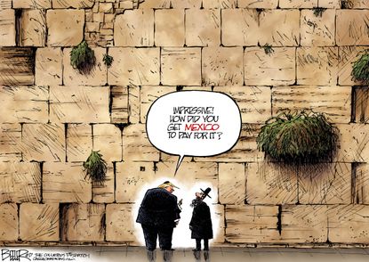 Political cartoon U.S. Trump abroad Israel Wailing Wall Mexico border
