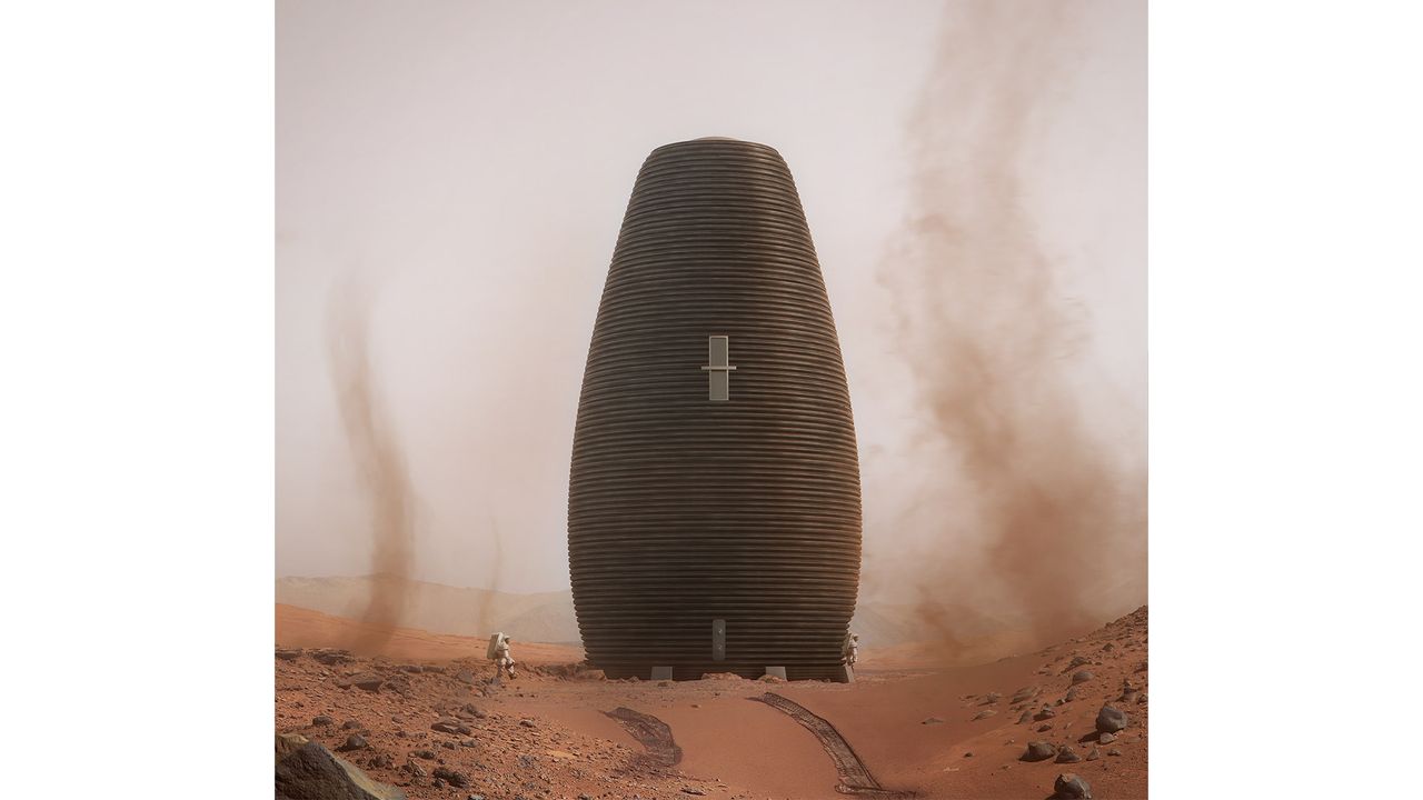 A visualization of Marsha, the winner of NASA's 3D-Printed Habitat Challenge.