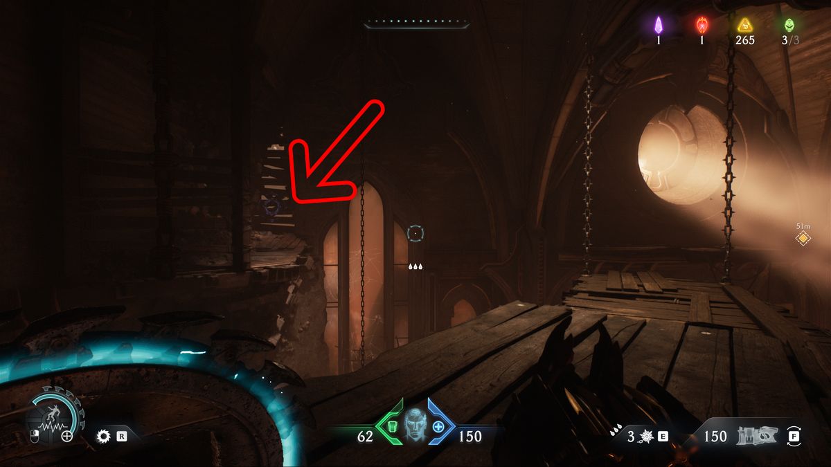 Doom: The Dark Ages Siege Part 2 secrets - An arrow pointing towards a hidden wooden barricade leading to the Pinky Rider toy.