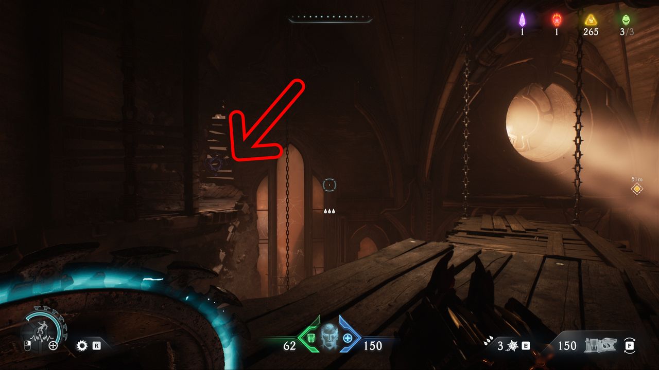 Doom: The Dark Ages Siege Part 2 secrets - An arrow pointing towards a hidden wooden barricade leading to the Pinky Rider toy.