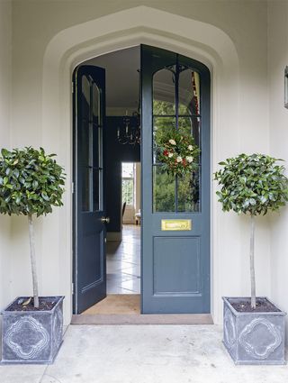 entrance with plants and grey door
