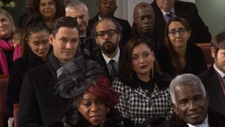 EastEnders characters at Dot's funeral, including June's children Nim, Sophie and Billy