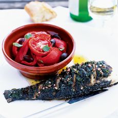 Sea Bass with Minty Vinaigrette and Roast Tomato and Red Pepper Salad-new recipes-woman and home