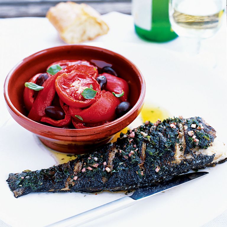 Sea Bass with Minty Vinaigrette and Roast Tomato and Red Pepper Salad-new recipes-woman and home