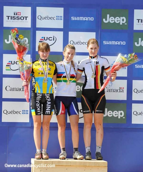 Podium (L-R): Yana Belomoyna (Ukraine), Pauline Ferrand Prevot (France) and Helen Grobert (Germany).