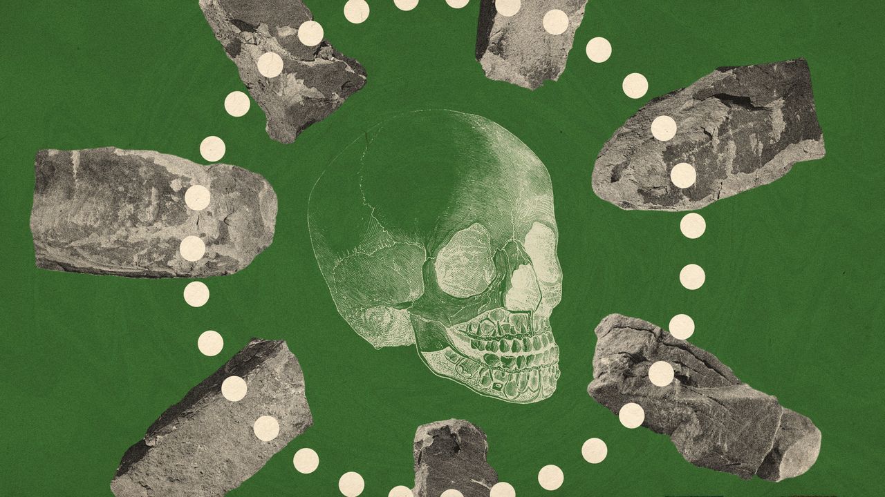 Photo collage of a circle of stones on a green background, with an engraving of a child&#039;s skull in the middle.